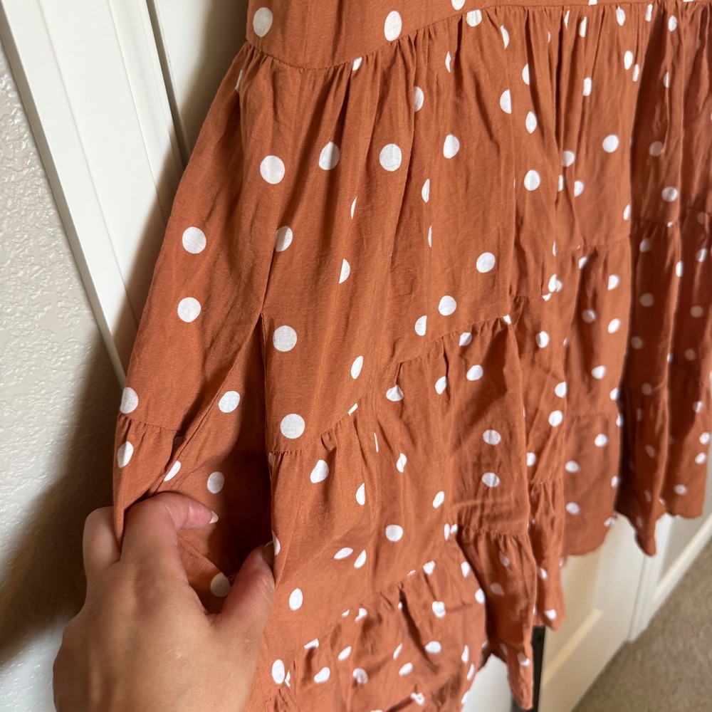 Entro Rust Polka Dot Tiered Babydoll Mini Dress Sleeveless Pockets Womens Large - Picture 5 of 10
